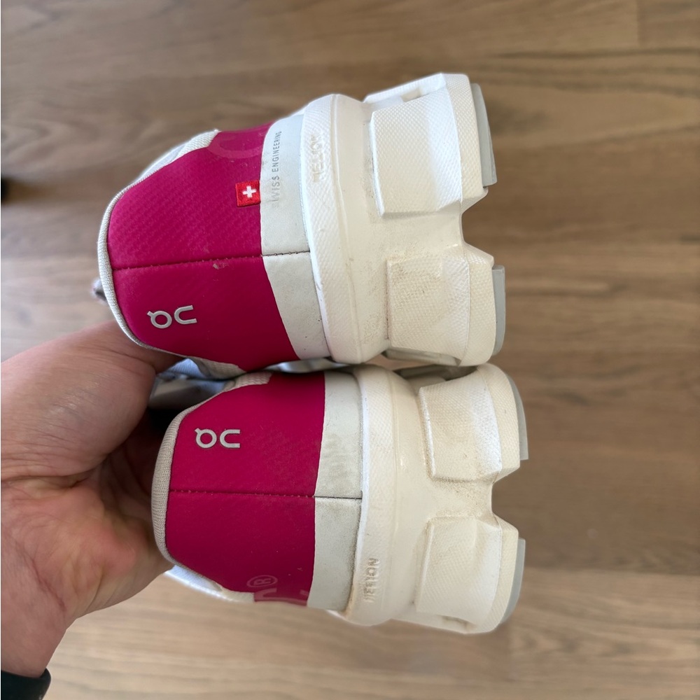 On Running Women's Cloudmonster Sneaker in White with Magenta Accents - Picture 7 of 9
